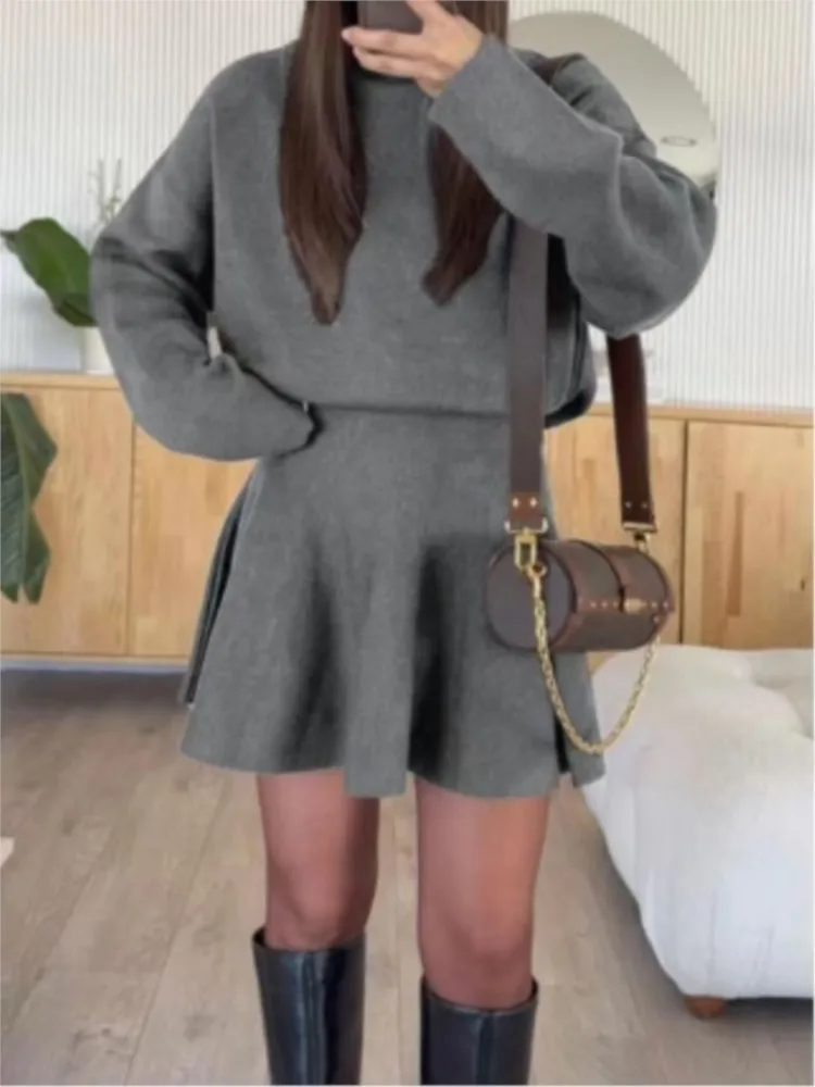 خريف شتاء جديد محبوك نصف الياقة السلحفاة بأكمام طويلة بلوزات + تنورة 2 قطعة مجموعة عطلة غير رسمية المرأة بدلة تنورة سوينغ كبيرة #5