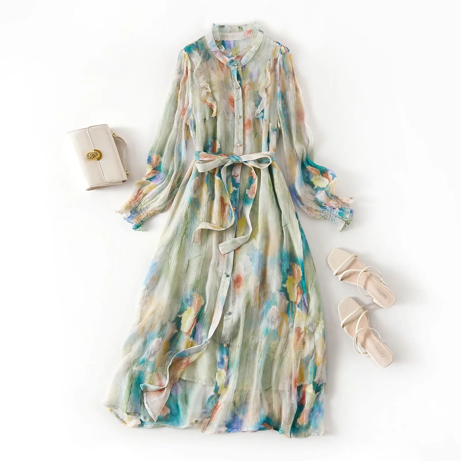 

Vintage Floral Long Dress Women Spring Summer Lantern Sleeve Chiffon Dress OL Temperament Fashion Party Dress Female Vestidos