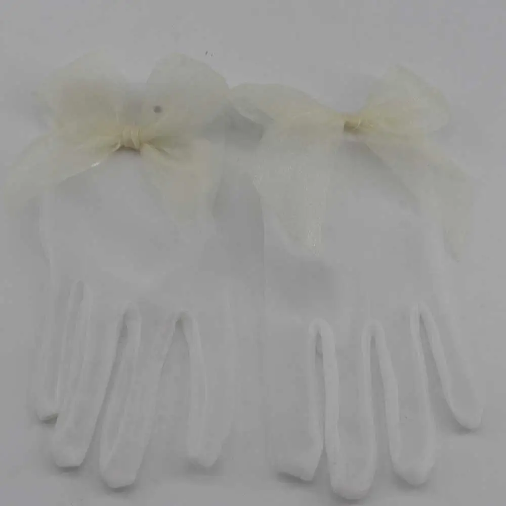 Sexy Sweet Girl White Women Lace Pearl Finger Gloves Short Wedding Gloves Bow Tulle Mittens