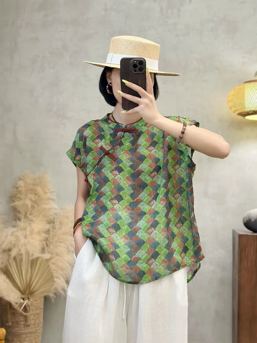 신상 중국 스타일 여성 린넨 여름 빈티지 민족 스타일 스탠드 칼라 프린트 코튼 린넨 탑 패셔너블 스몰 사이즈
