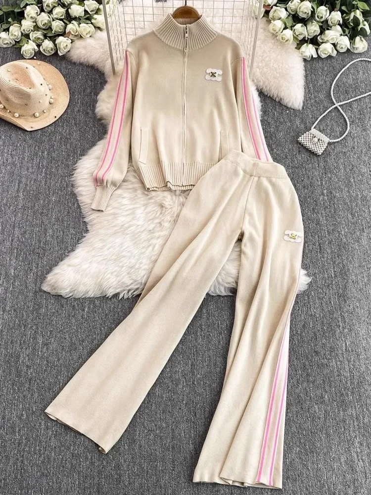 Casual Sports Suit 2025 Women Fashion College Style Long-Sleeved Knitted Coat Top High Waist Wide-Leg Pants Two-Piece Set Female