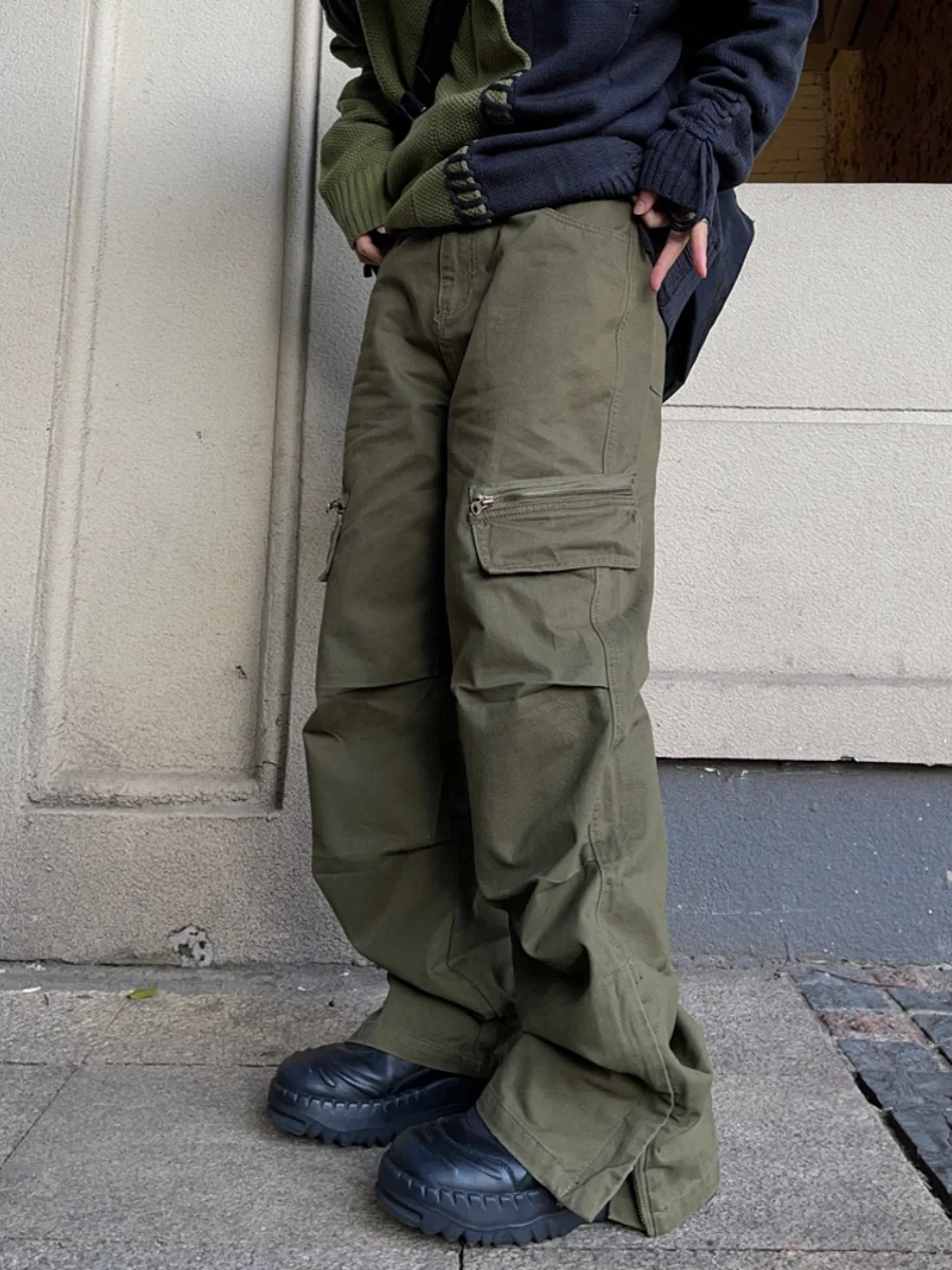 

American Retro Zipper Multi-ket Work Pants Men's Khaki High Street Loose Straight Casual Long Trousers Youth Trendy