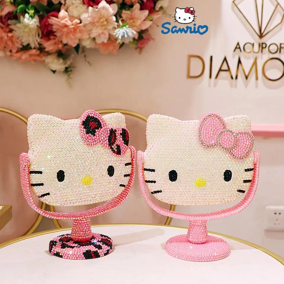 

Зеркало для туалетного столика Kawaii Hello Kitty, мультяшное блестящее зеркало, ручное зеркало с бриллиантами, розовая девушка, откидная подруга, Рождество, G