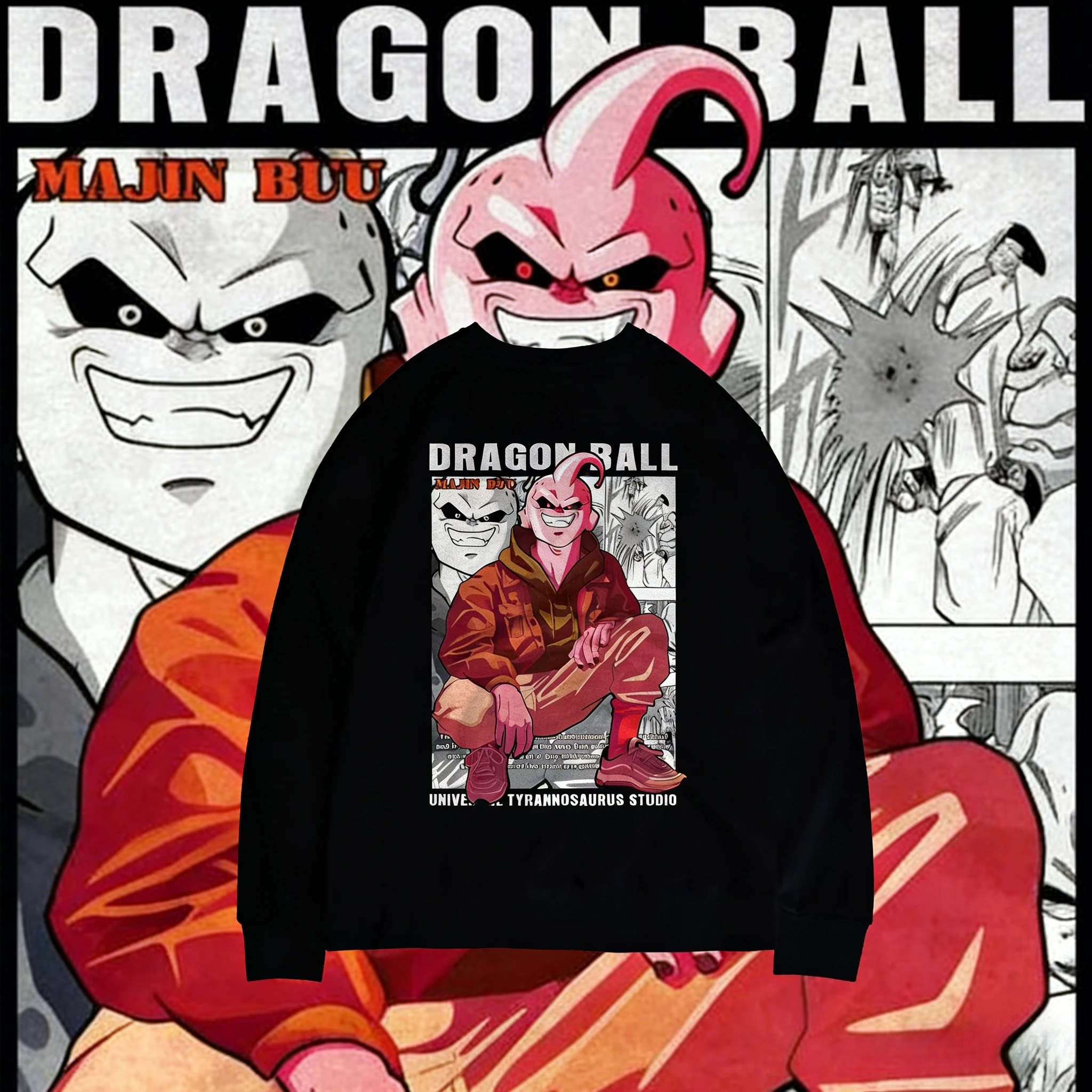 

Осенне-зимняя коллекция 2026: Ретро-свитшот из чистого хлопка «Драгон Болл», оверсайз, с флисом, принт «Маджин Буу» в уличном стиле для взрослых и детей