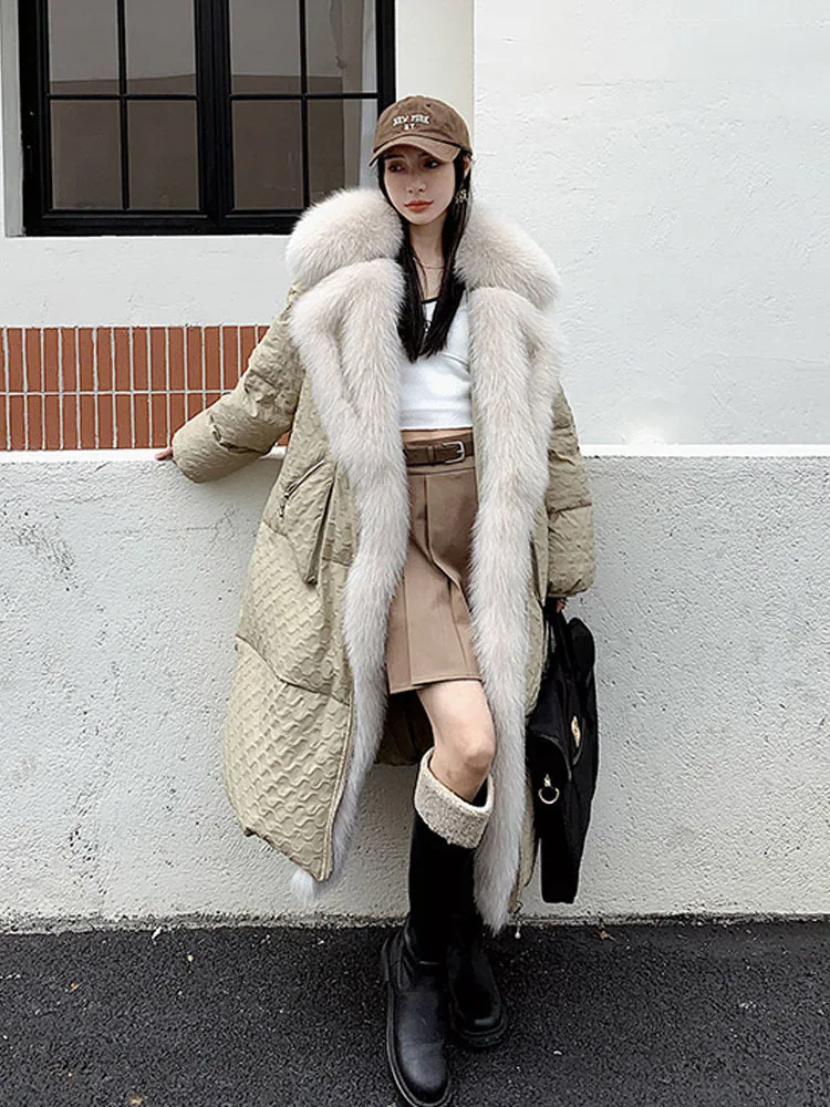 2024 New Warm Outwear Women Real Silver Fox Fur Collar Parka Winter Thick 90% White Goose Down Jacket Long Coat Detachable