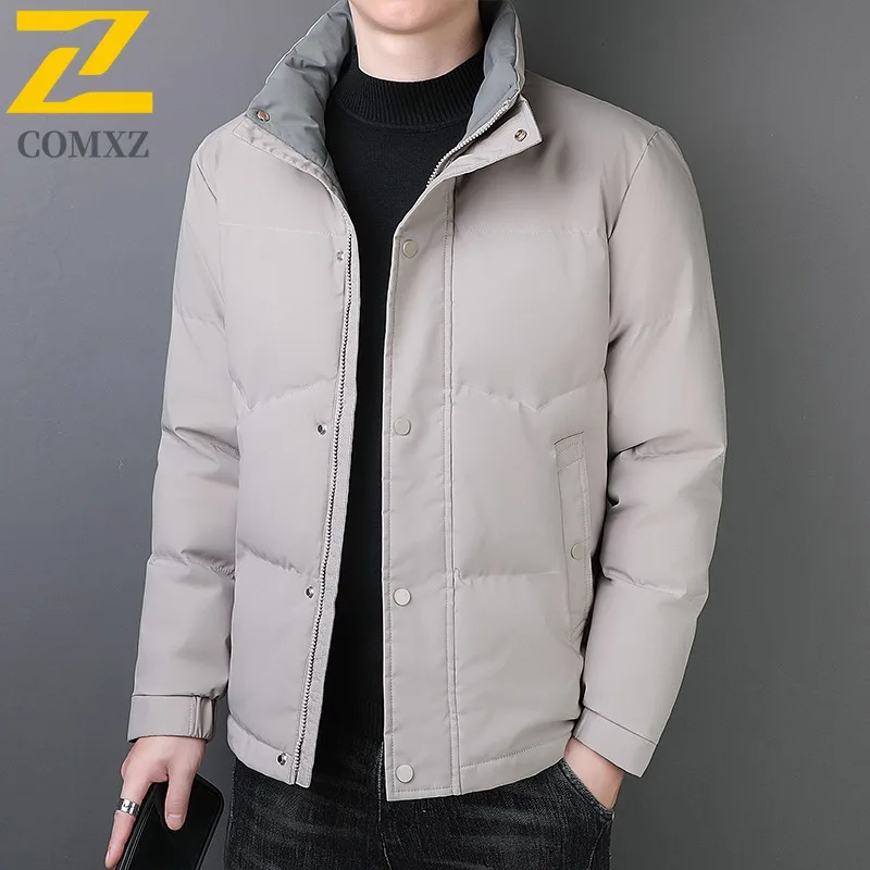 

COMXZ Winter Cotton Coat Mens Stand Collar Business Casual Fleece Lined Parka Hong Kong Style Slim Fit Trendy Thickened Garment