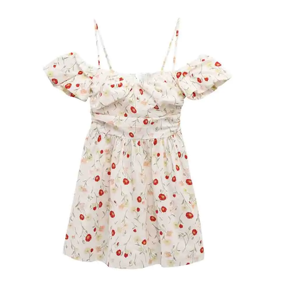 

Women's new chic fashion pleated decoration slim off shoulder print mini dress retro sleeveless Thin Straps women's dress