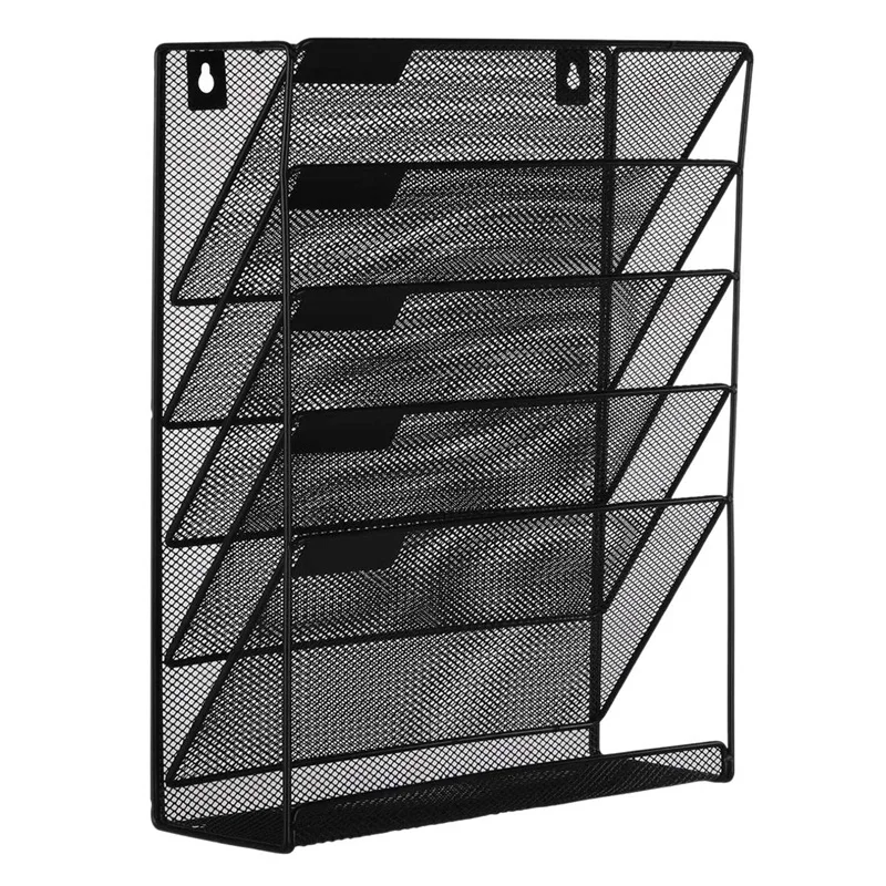 2X Metal Mesh Wall-Mounted Magazine File Rack Office Desk 5 Layer Interval Archive File Magazine Storage Black