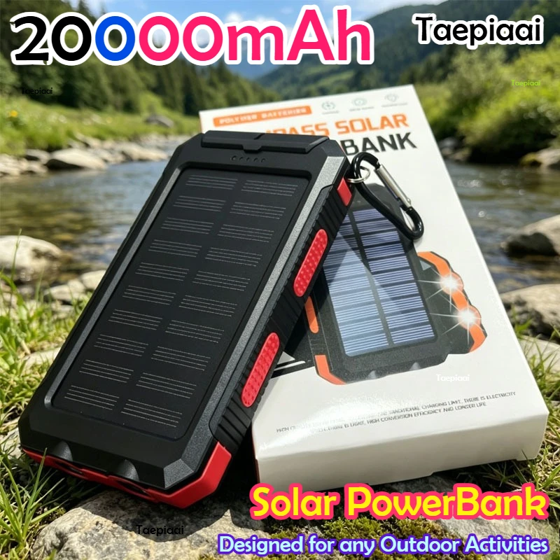 Taepiaai 20000 mAh Solar-Powerbank, tragbare Powerbank, externes Ladegerät, starkes Licht, LDE-Licht für iPhone, Samsung