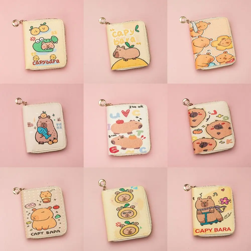 Nueva cartera corta con cremallera de capibara, monedero impermeable de dibujos animados, tarjetero de cuero PU multicapa