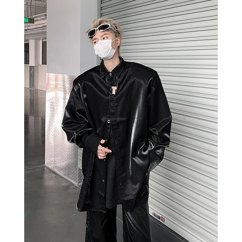 

Summer Men's Long Sleeve Shirt Pad Shoulder Metal Luster Loose Fit Youth Trend Polyester Fiber Cool Feeling Street Style