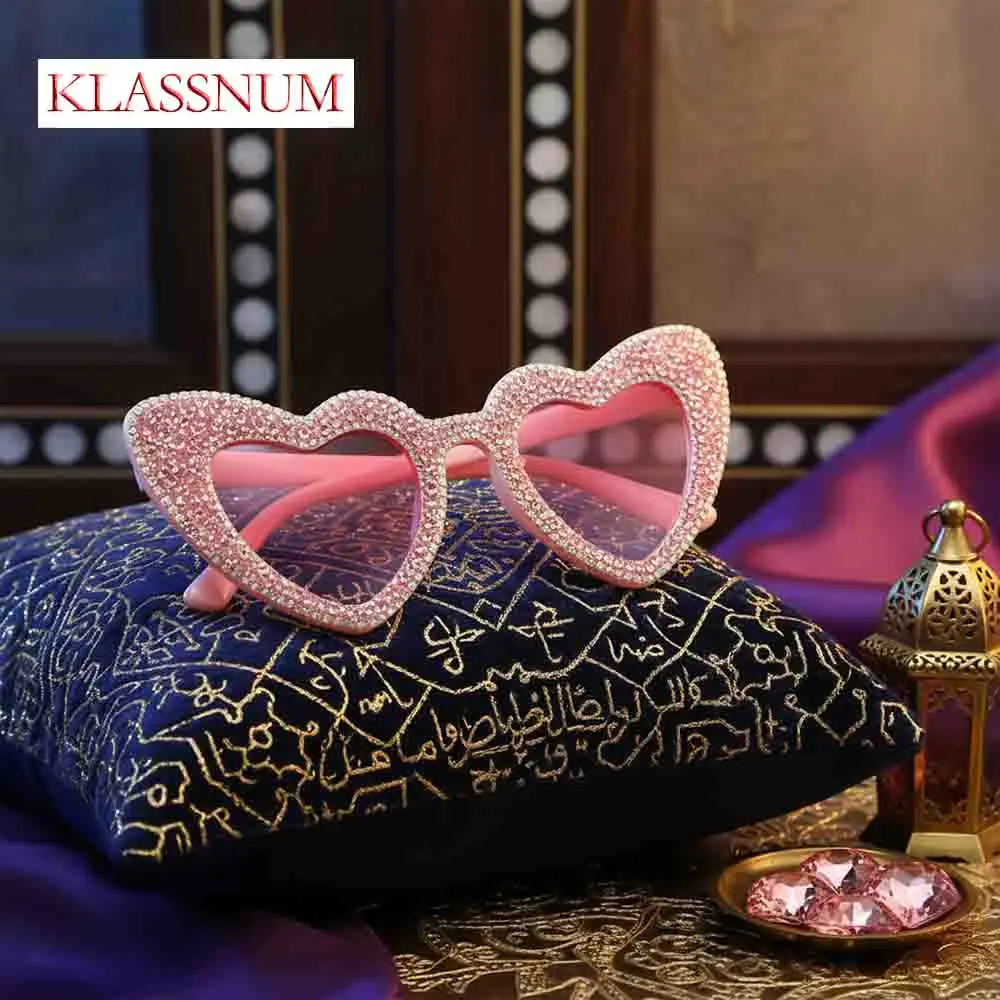 

KLASSNUM Luxury Pink Rhinestone Heart Sunglasses Women Brand Designer Diamond Sun Glasses Bling Crystal Shades Y2K UV400 Eyewear