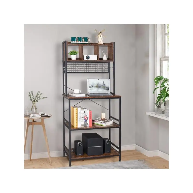 5-Tier Kitchen Bakers Rack with S-Hooks and Storage Cubes, Industrial Style Microwave Stand, Freestanding Utility Cart and