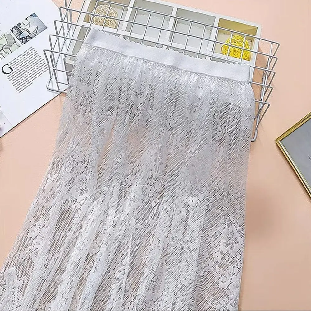 

Элегантная тонкая длинная юбка из ледяного шелка с кружевной сеткой и цветочным узором, однотонная, с высокой талией, эластичная, базовая, для лета