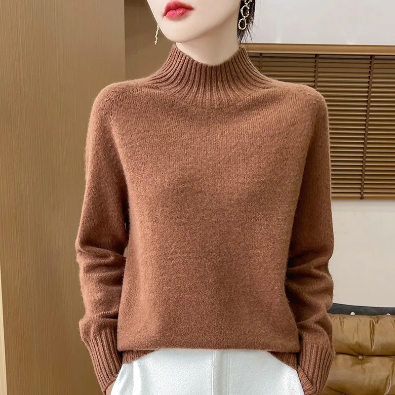 

New Pure Wool Semi-High-Neck Knitted Sweater, Thickened Solid Color Pullover Long-Sleeved Women's Sweater For Winter-WQ711