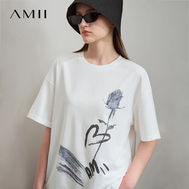 Amii Women's T-Shirt Minimalist 2025 New Summer Casual Collegiate