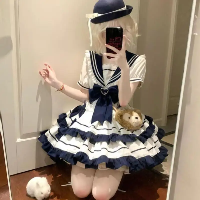 Cute Sweet Girl Navy Collar Short Sleeve Set Japanese Kawaii Lolita Style Lace Bow Dress Sets Sailor Collar Princess Party Dress