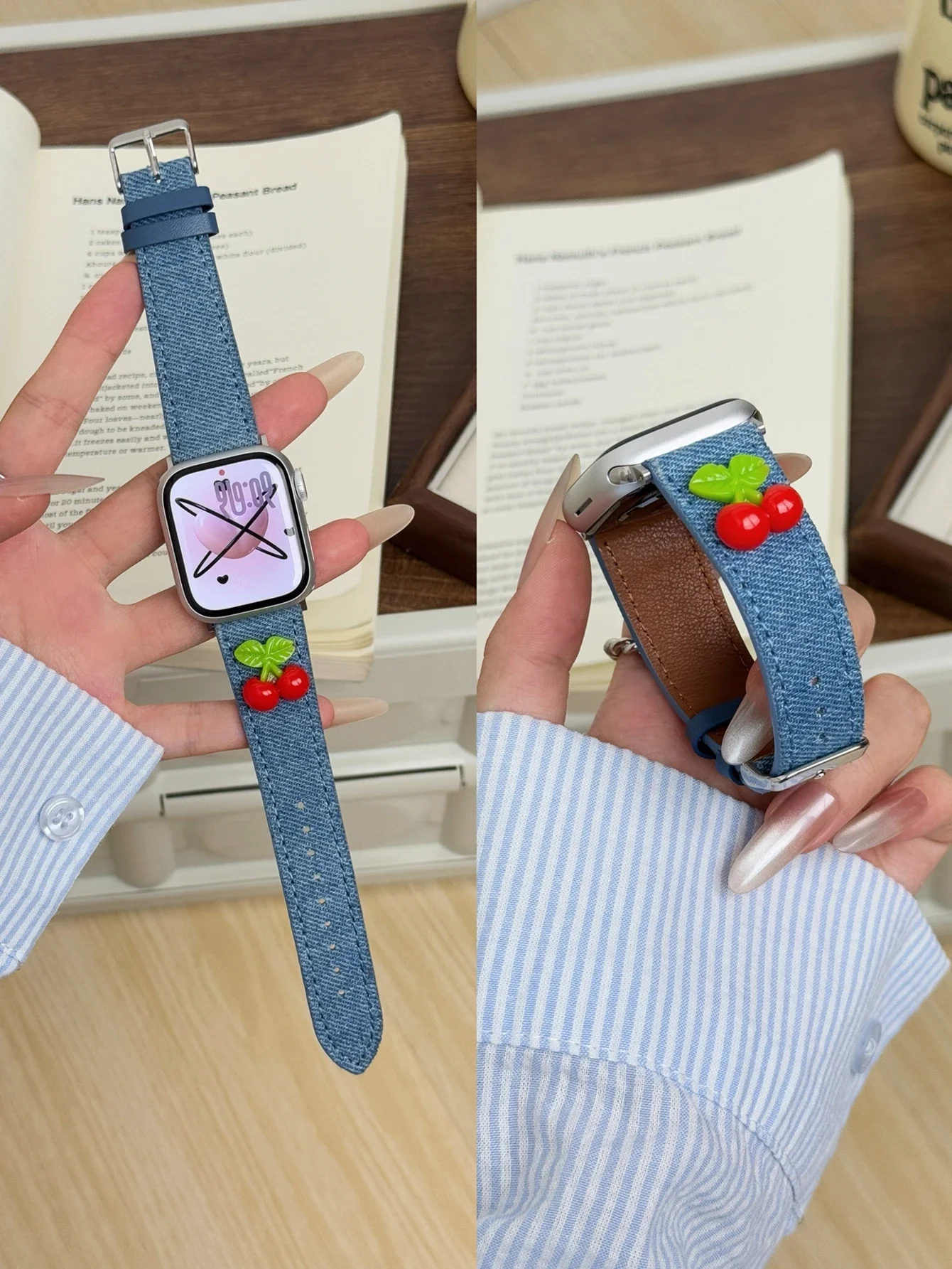 Fashion Cherry Denim Leather loop Correa For Apple Watch band Series 10/9/8/7/6/5 38mm 40mm 41mm 42mm 44mm 45mm 46mm 49mm Strap