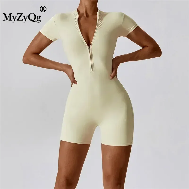 MyZyQg Women Summer Zipper Ballet Dance Aerial Short Sleeve Yoga Jumpsuit Female Dance Fitness Bodyfitting Sports Playsuits