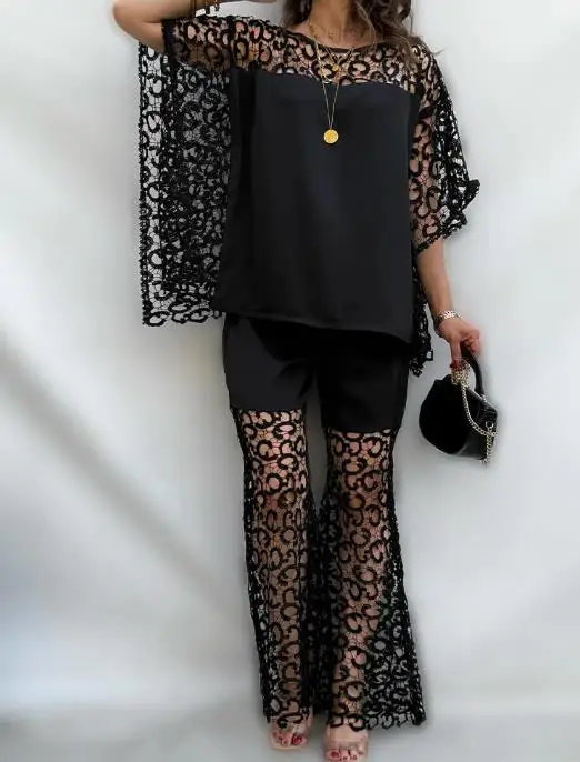 قطعتين مجموعة النساء الزي 2026 ربيع جديد أنيق الجوف التدريجي الدانتيل Batwing كم بلوزة و عادية سليم صالح متوهج فستان أطفال مع سروال داخلي #1