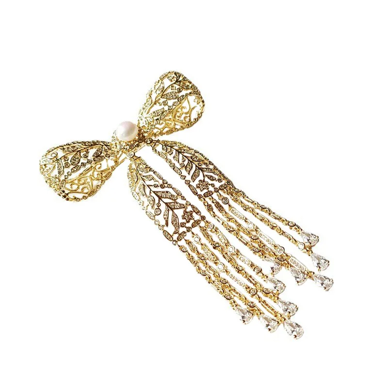 2023 Elegant Hollow Out Tassel Bow Knot Brooch Shiny Zircon Freshwater Pearl Exquisite Zircon Bowknot Broochpins Women\'s Corsage