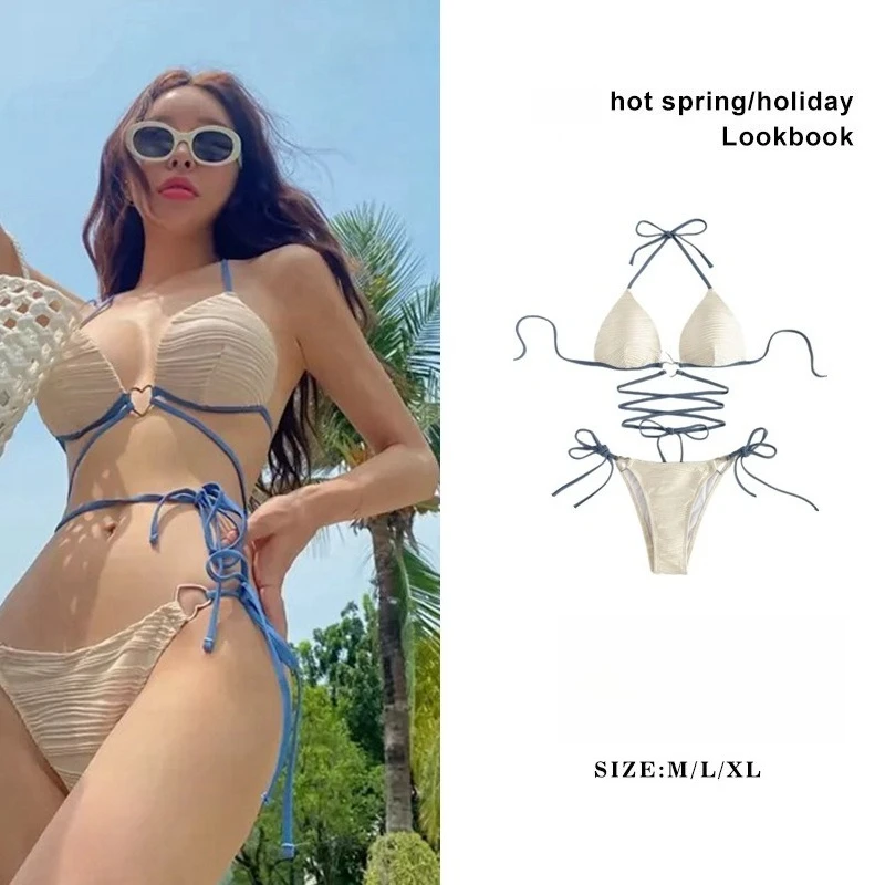 

Ins Love Decorative Bikini Straps Neck Soft Cup Triangle Swimsuit Sexy Hottie Swimsuit Bikini Bikini Set
