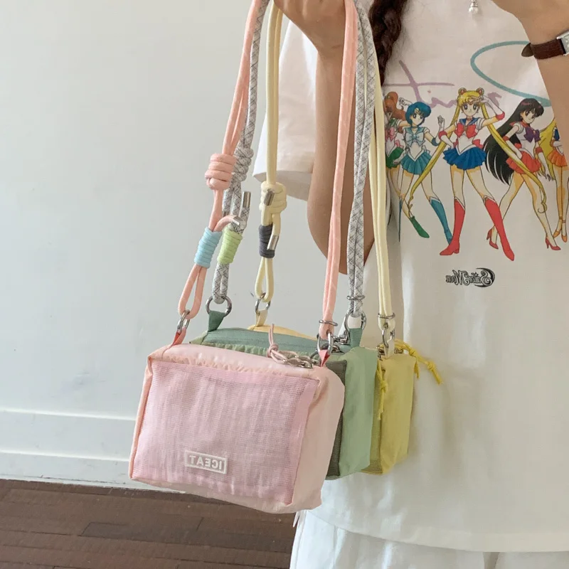 

Light Weight Multiple Zipped Compartments Mesh Fabric Shoulder Bag 2026 Summer Small Square Solid Color Crossbody Bag Female