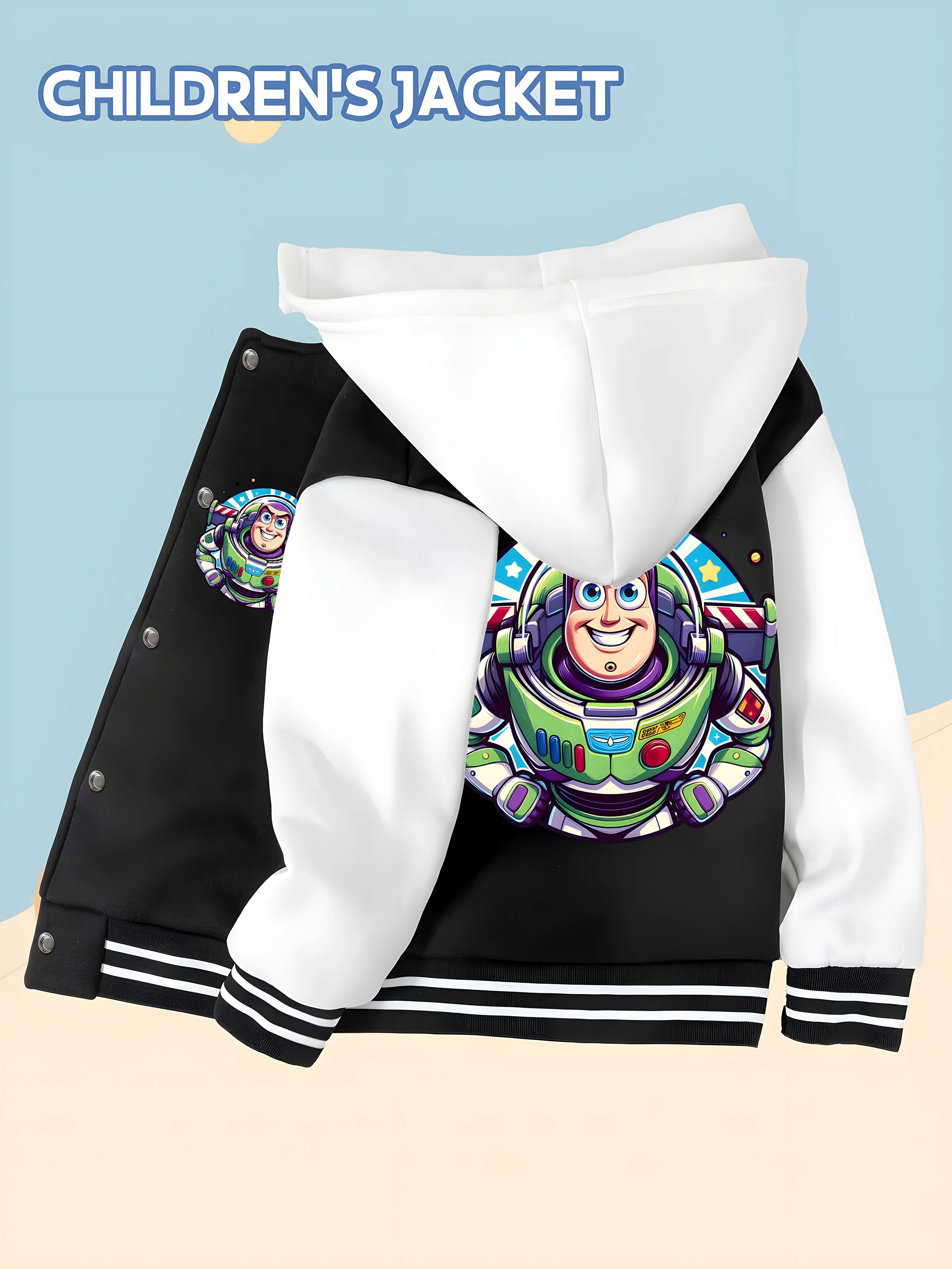 

MINISO Toy Story Boys Baseball Jacket - Woody & Buzz Colorful Print, Birthday Party, Disney, Durable Fabric