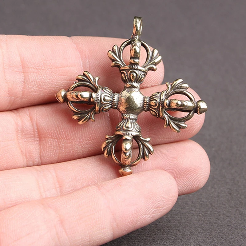 1PC Cross Vajra Brass Keychain Pendant Buddhism Dharma Handmade Woven Lanyard Bodhi Beads Motorcycle Car Keyring Rope Hangings