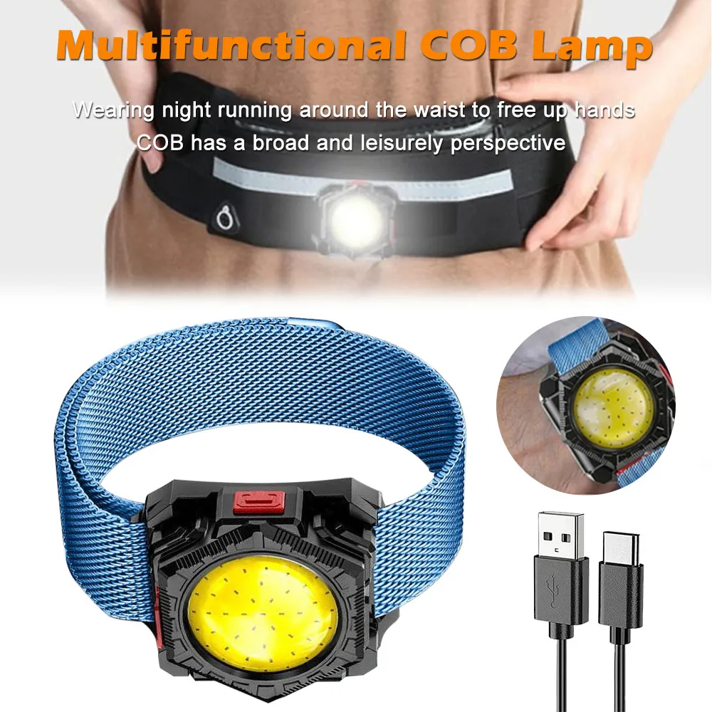 USB Rechargeable COB Portable Headlamp Multifunctional Outdoor Night Running Waist Pack Wrist Light Red Warning Torch Flashlight