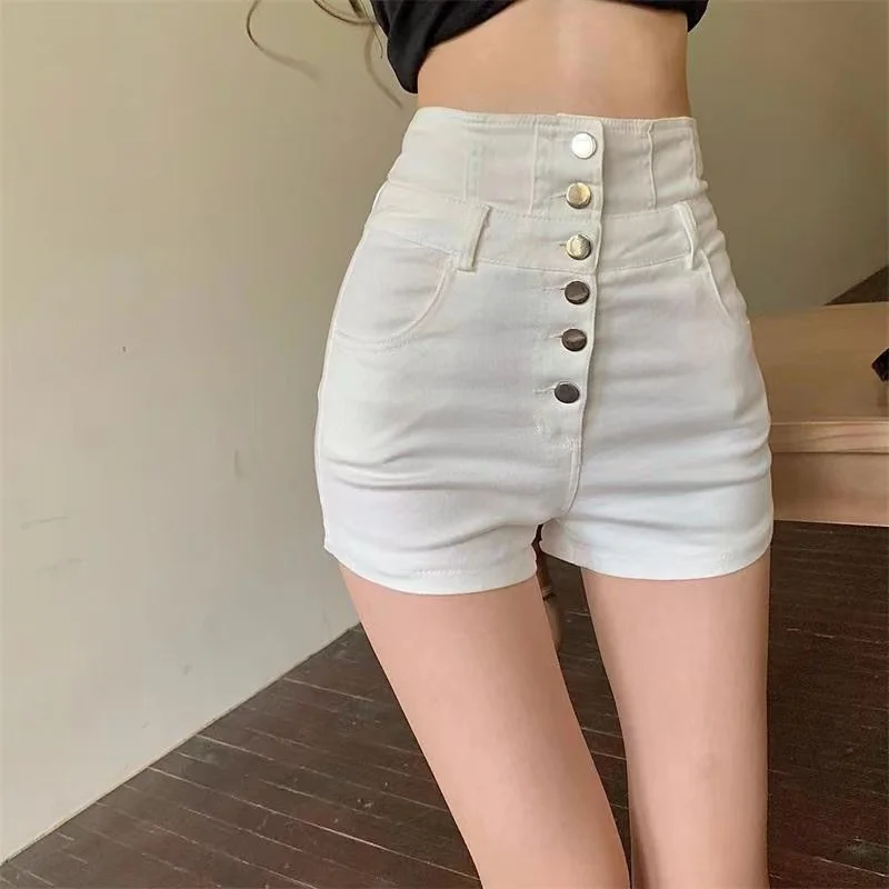 Sexy High Waist A-Line Denim Shorts Women's Slim Fit Single Button Hot Pants Summer Casual Cool Feeling Ladies Jeans Shorts