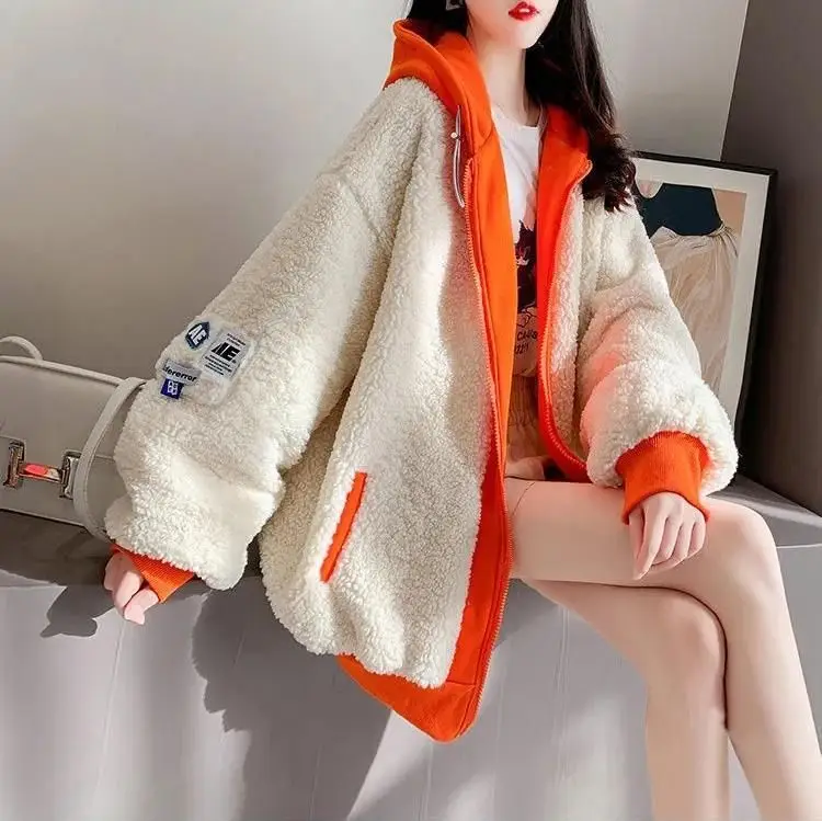 

Lamb Velvet Jacket Women's Loose Fit Hooded Student Versatile Patchwork Fake Two-Piece Set Hoodie Autumn Winter New Arrival