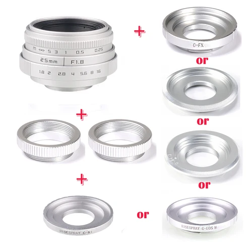RISESPRAY Plata Mini 25mm f/1,8 APS-C lente CCTV + anillo adaptador + 2 anillos Macro para cámara Sony NEX FX M4/3 NIKON1 EOSM sin espejo