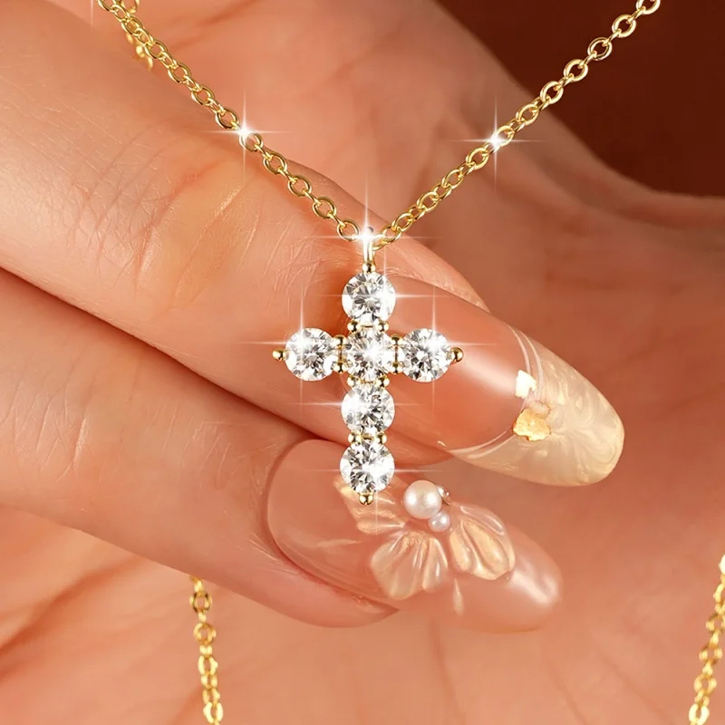 Anziw Classic 14K Gold Filled Cross Necklace for Women Round 3.5mm D VVS1 Moissanite Adjustable Chain Fine Jewelry Certified