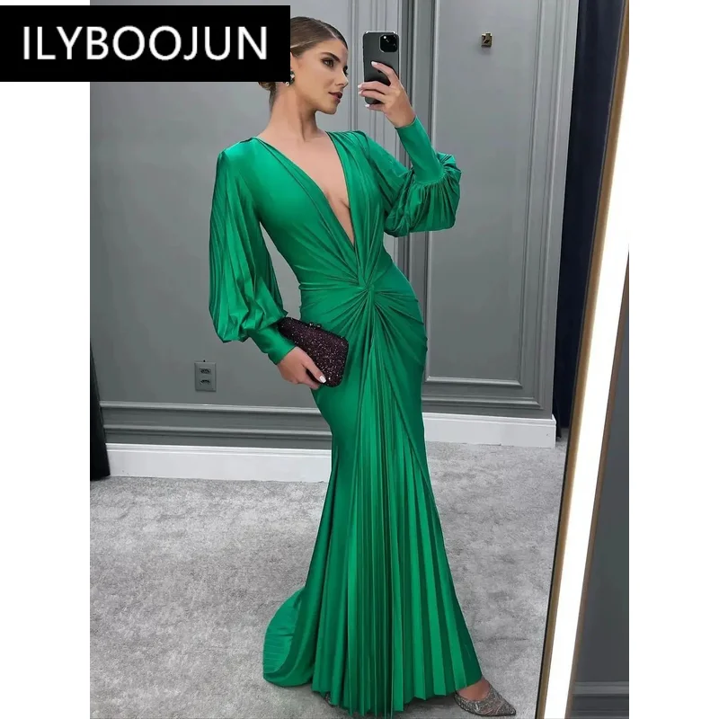 New Women Luxury Sexy Deep V Neck Satin Green Maxi Dresses Elegant Evening Party Club Dress vestidos largos