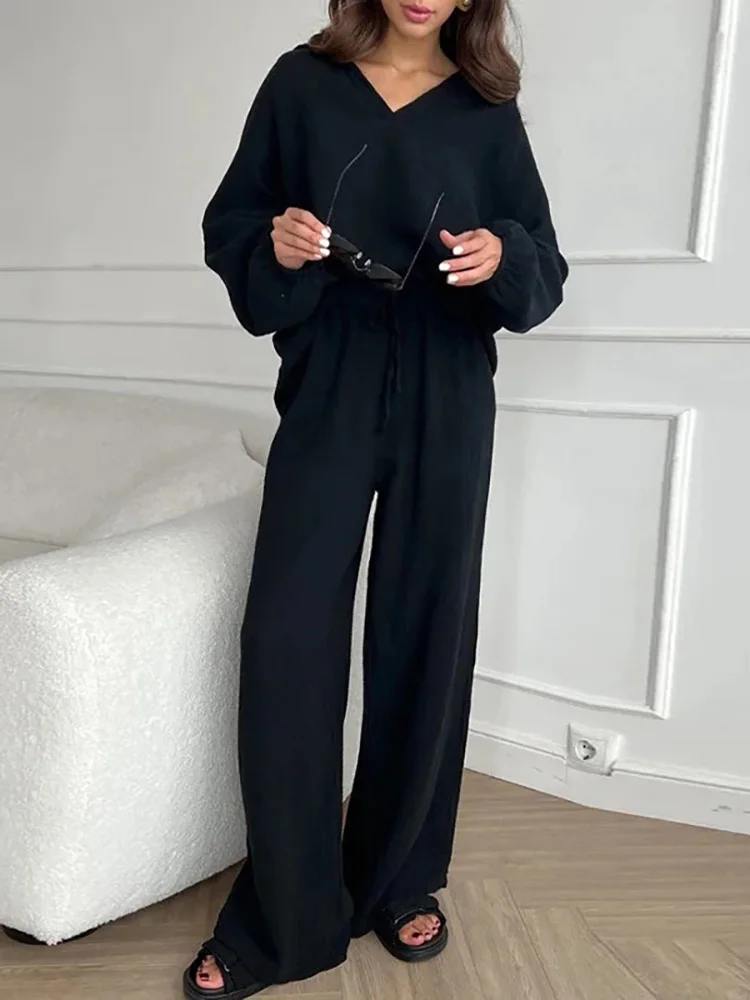 

Drawstring Wide Leg Pants Two Pieces Sets, Women Spring Summer Loungewear Solid Outfit, V-Neck Pullover Top Loose Ladies Suits