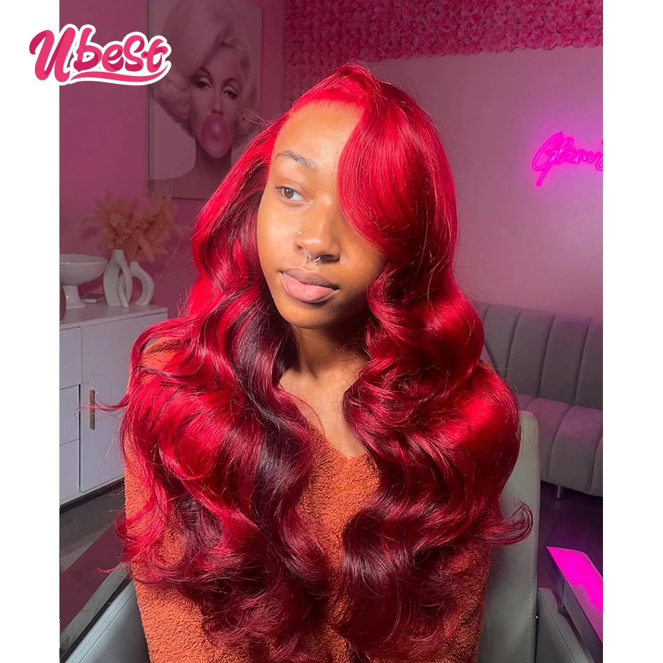 Bright Red Dark Red Colored 13X6 Body Wave Transparent Lace Front Wig 100％ Human Hair 200％ Density Brazilian Hair Lace Front Wig