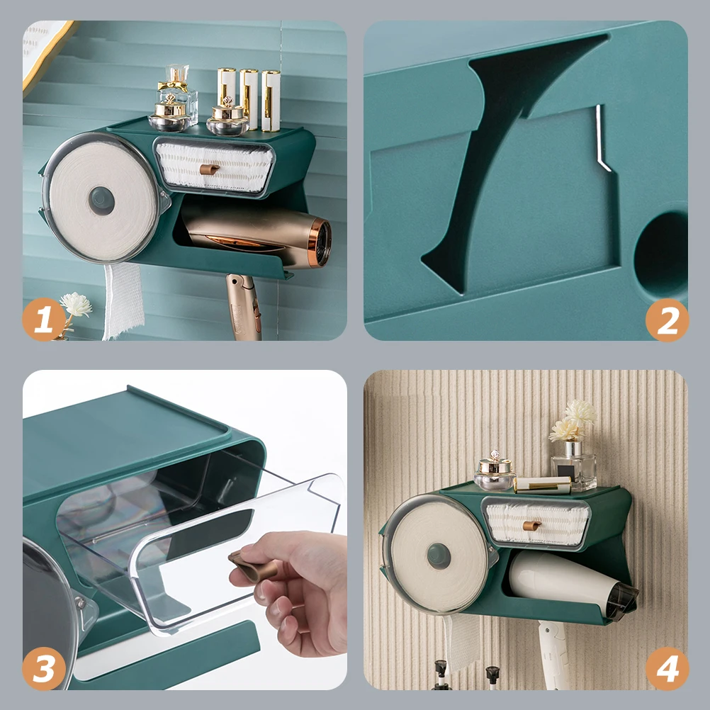 

Bathroom Blow Dryer Mount Toilet Paper Dispenser Plastic Tissue Storage Organizer Transparent Design Extra Storage