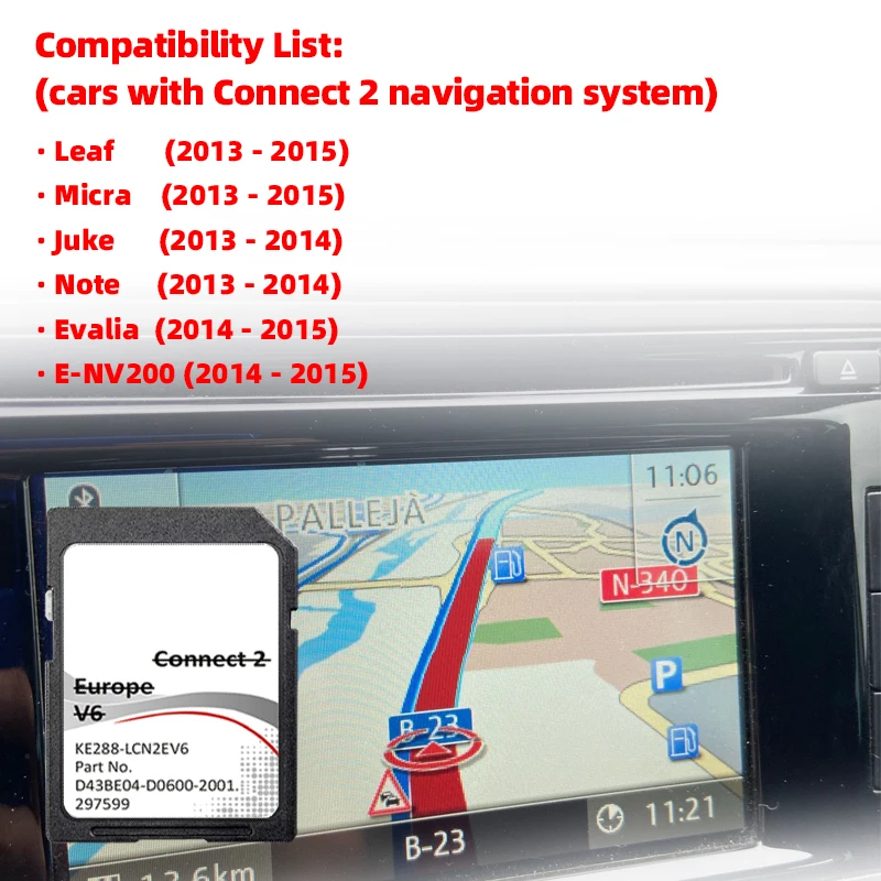 Connect2 V6 SD Card Use for Nissan Leaf Juke Note Car Navigation GPS Cover Europe Country Road Details