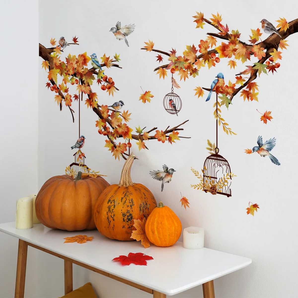 Autumn Branches Flowers Birds Wall Sticker Living Room Background Decor Bedroom Decoration Self-adhesive Home Beautify Wallpaper