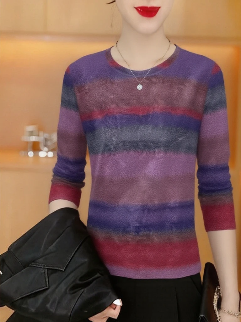 

Elegant Long Sleeve Striped Top Slimming Mommy Style Bottoming Shirt for Middle-Aged Women Breathable Polyester Fiber round Neck
