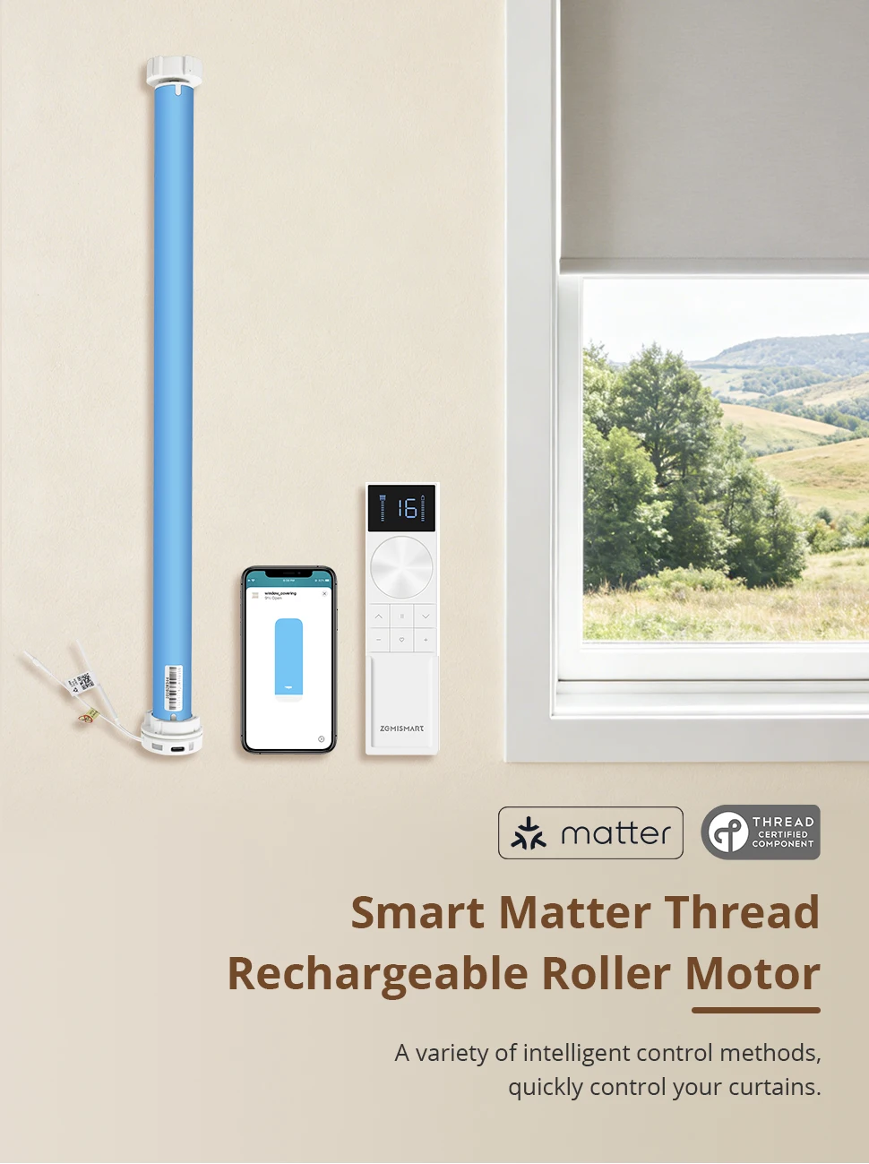 Matter Thread Smart Rollos mit Motor, Batterie und Solarpanel für 38mm Rohre, kompatibel mit Homekit, Smartthings, Google Home, Alexa, HA – Detail 1