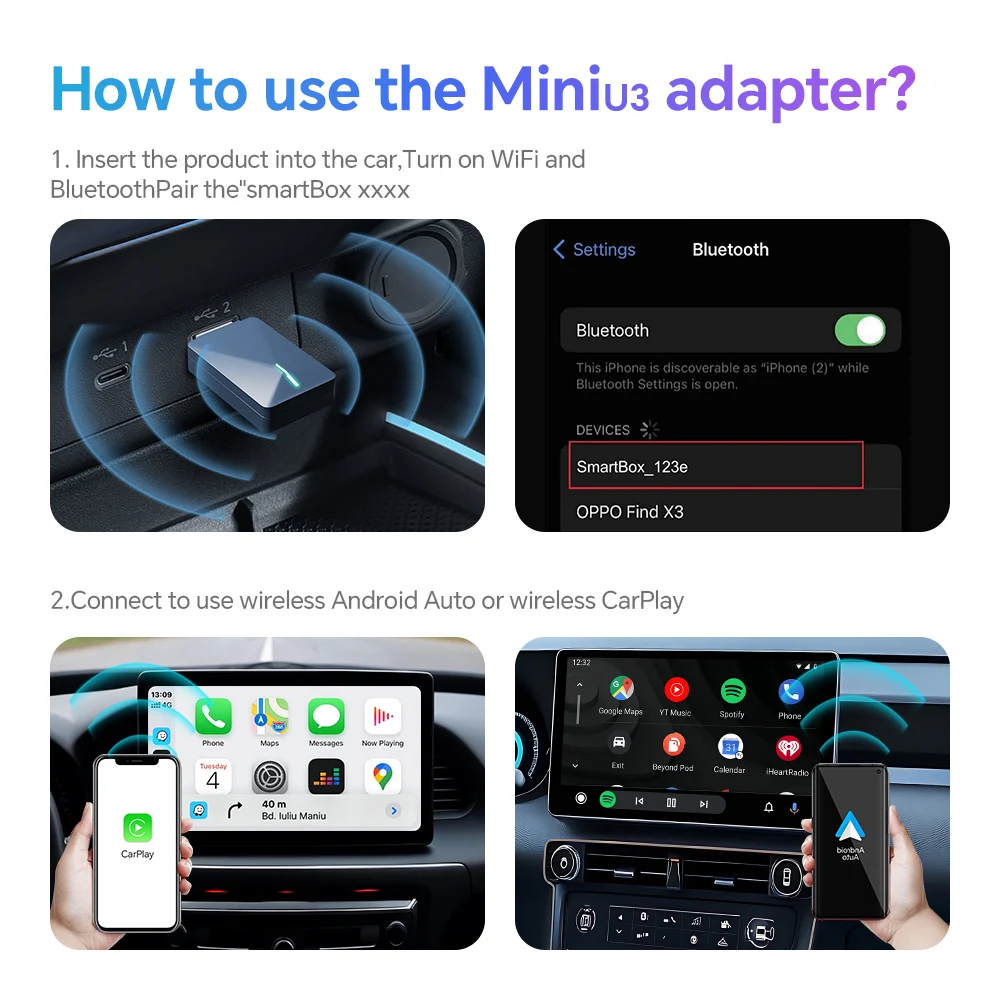 BYLITU-Mini U3 2 em 1 CarPlay sem fio, adaptador para carro Android, Smart Mini Box, Plug and Play, Bluetooth para Volkswagen, Novo