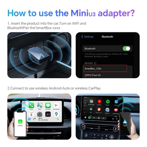 Imagen 2 del producto 2025 Nuevo adaptador inalámbrico Android Auto con cable a Carplay inalámbrico Smart Box USB Plug and Play Actualización en línea Conexión automática WiFi
