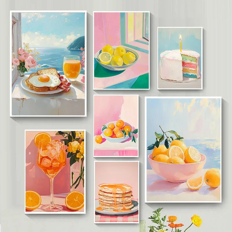 Vibrant Colorful Hearty Breakfast Fruit Cake Beverages Still Life Posters Canvas Oil Prints Restaurant Kitchen Wall Decoratio