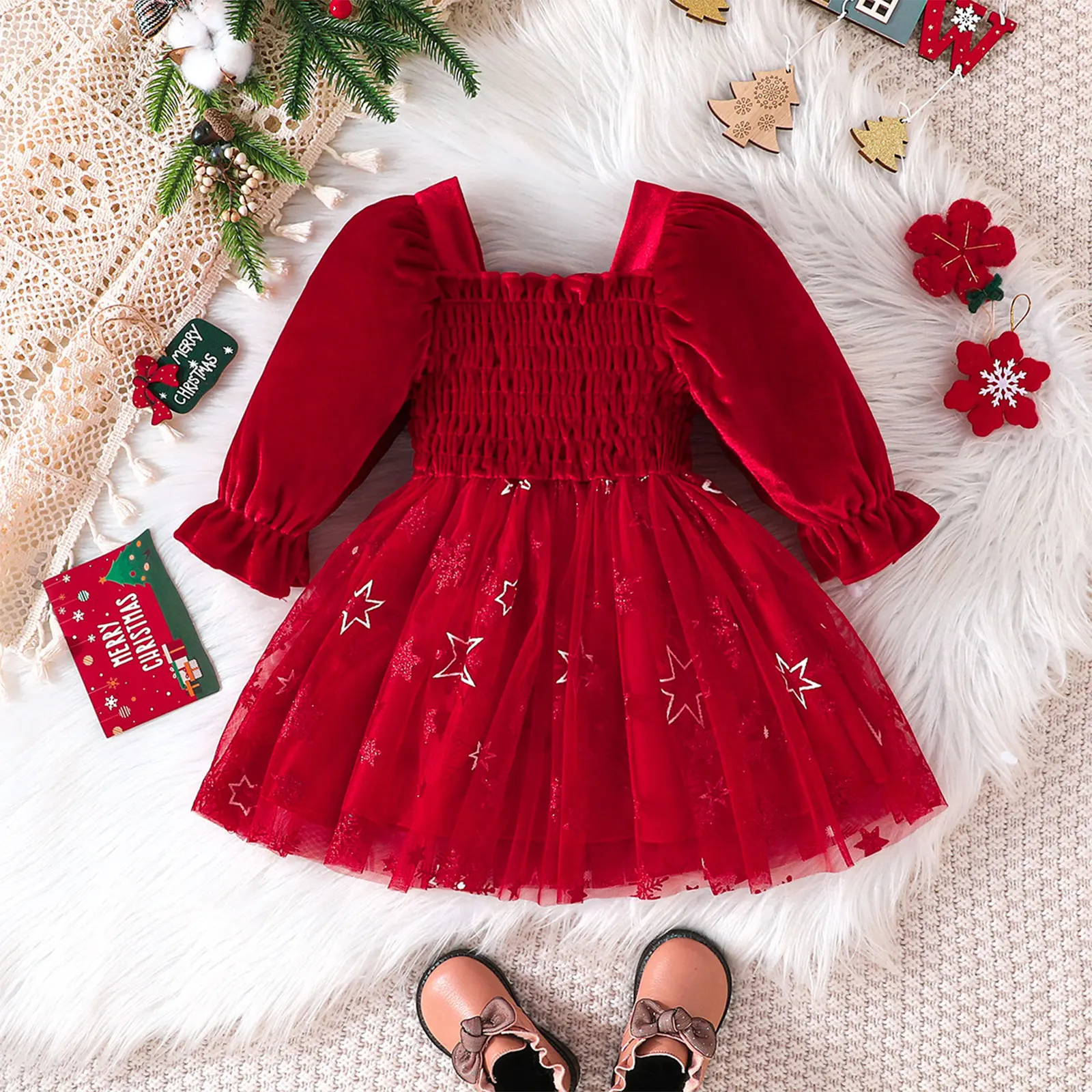 Kids Girls Christmas Velvet Dress Long Sleeve Ruched Star Snowflake Printed Mesh Tutu Dresses Fall Winter Xmas Party Clothes