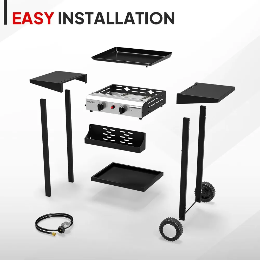 Pemanggang Propana Portabel 2 Tungku, Pemanggang Gas 20.000 BTU dengan Nampan Berlapis Enamel, Pemanggang Permukaan Datar dengan Pengapian Elektronik