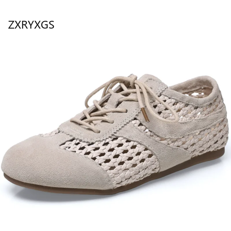 

ZXRYXGS Весенне-летние женские туфли из натуральной кожи с плетеными вставками, дышащие полые сандалии, повседневные кроссовки 2026