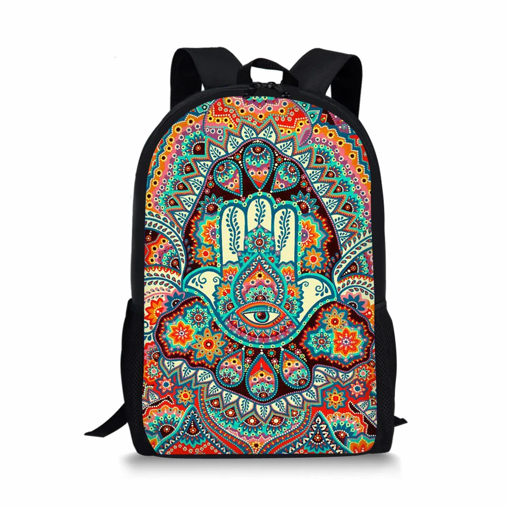 Sacos escolares impressos à mão para crianças, mochila de grande capacidade para adolescentes, bolsa de viagem casual para menino e menina, Fátima Hamsa, bolsa de estudante