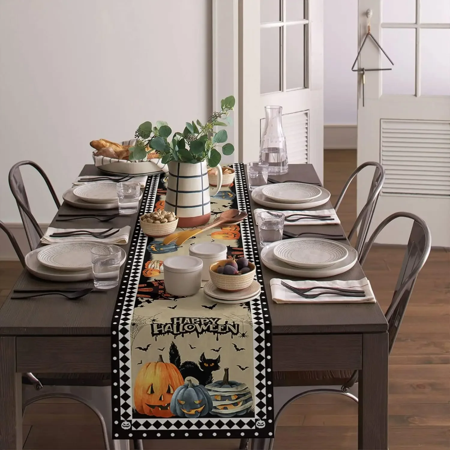 1Pc Halloween Style Table Runner Beige Black Witch Pumpkin Bat Happy Halloween Print Table Cover For Home Kitchen Party Decorati